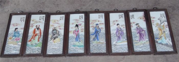 黄花梨框 内八仙烧瓷画 八扇屏风 做工精致_黄