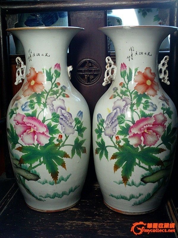 民国贴花花卉大瓶一对!本人所有藏品都是老的
