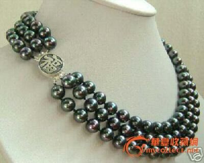 纯天然三环黑珍珠项链 扣子为925纯银 全品_纯