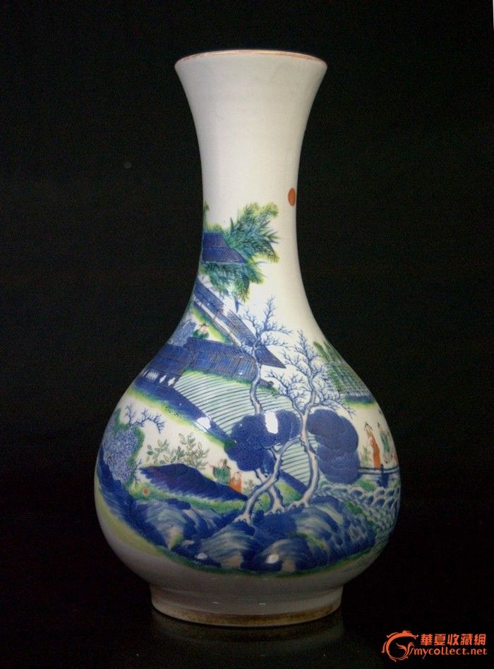 清晚期青花斗彩山水人物纹赏瓶