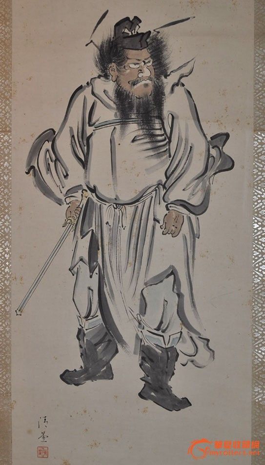 民国日本画家清晏手绘水墨淡彩人物画《钟馗持剑》原作立轴