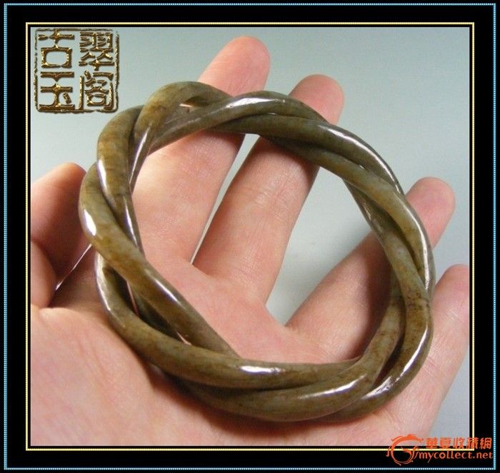 明代-和田青白玉玉质三股绞丝麻花大圆玉手镯